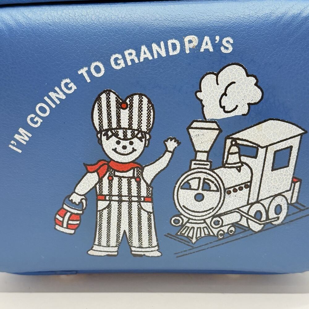 Vintage Small Blue Kids (Boy Train) "I'm Going to Grandma's" Hard Sided Suitcase - Picture 2 of 12